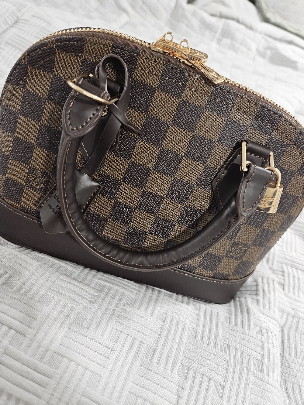 Brown Checkered Dome Satchel Fashion Bag - Picture 8 of 14